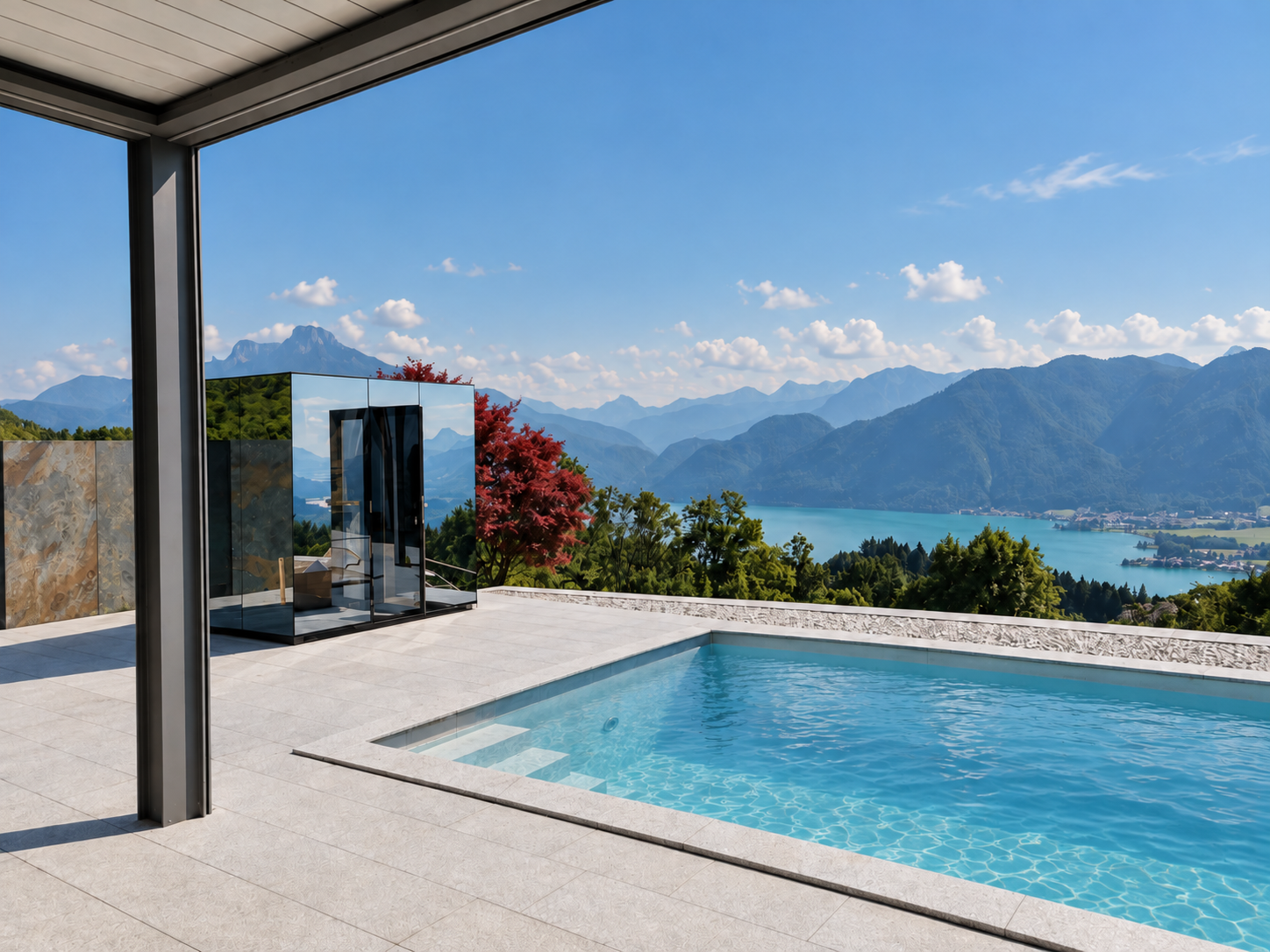 Piscina e sauna num terraço com vista para o lago. Visualização conceptual.