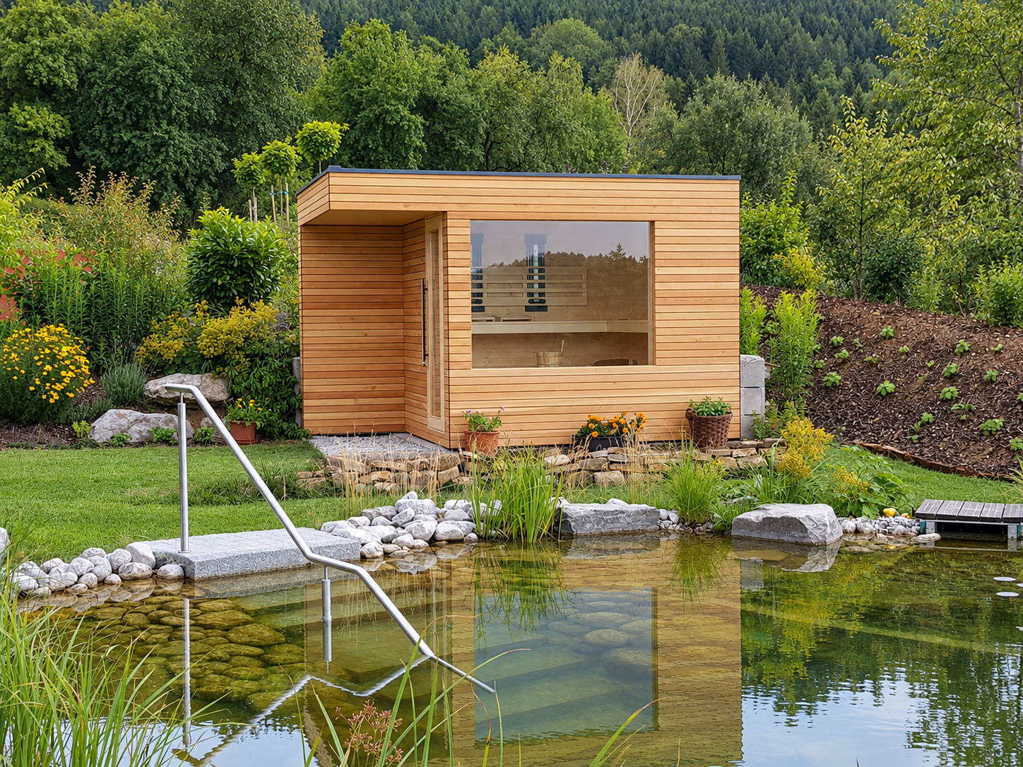 Sauna de madeira junto a um lago natural. Visualização conceptual.