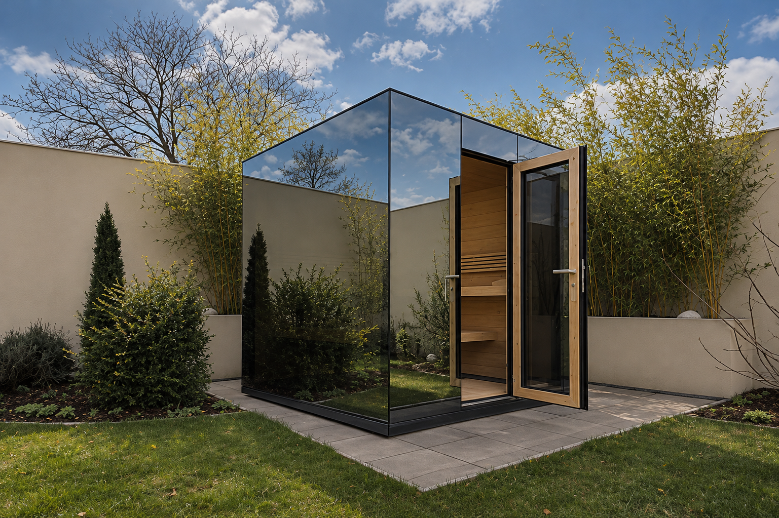 Sauna com fachada espelhada num jardim. Visualização conceptual.