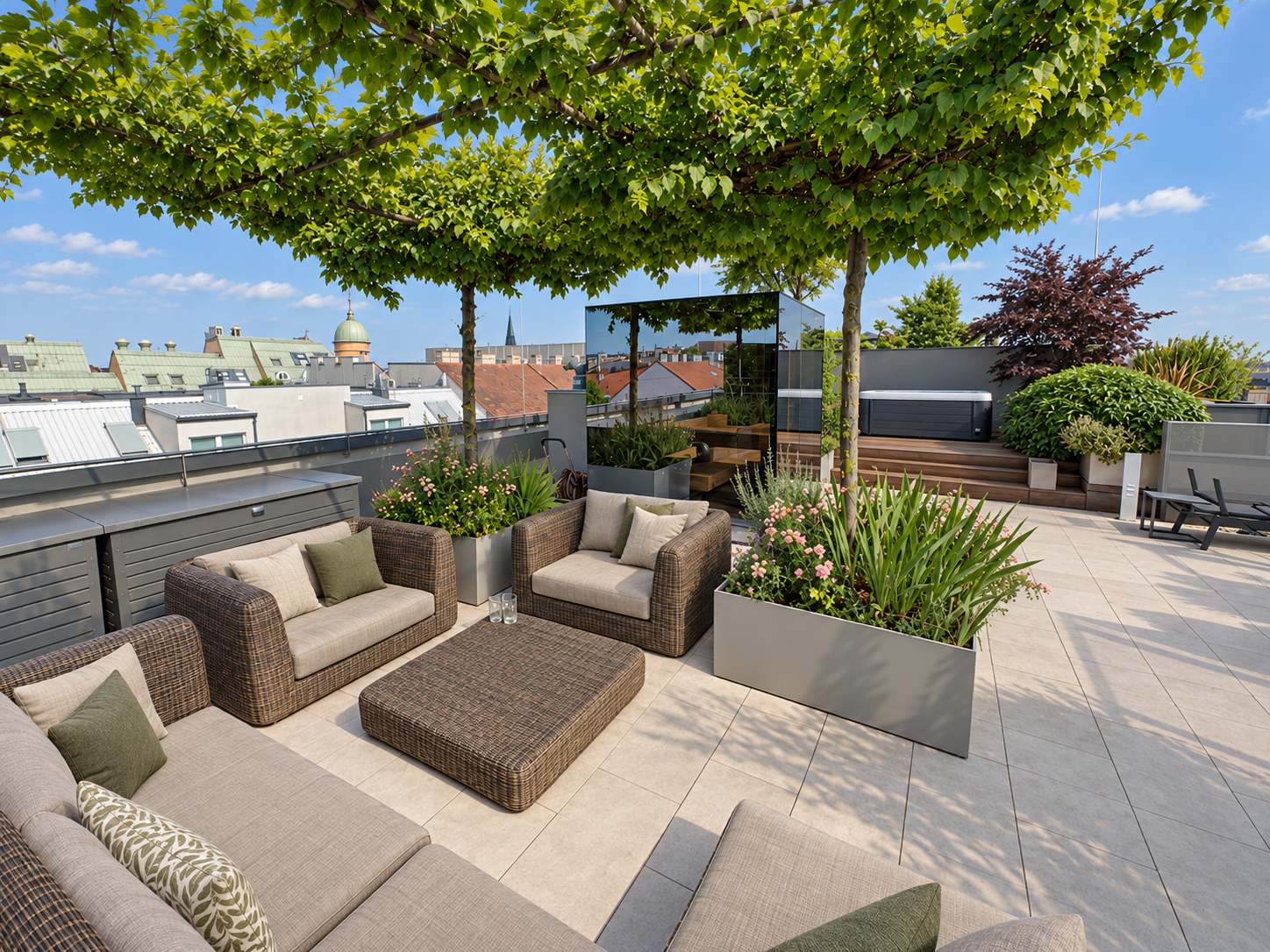 Sauna num terraço urbano com jardim. Visualização conceptual.