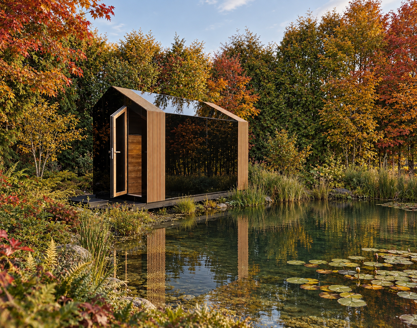 Sauna minimalista à beira de um lago. Visualização conceptual.