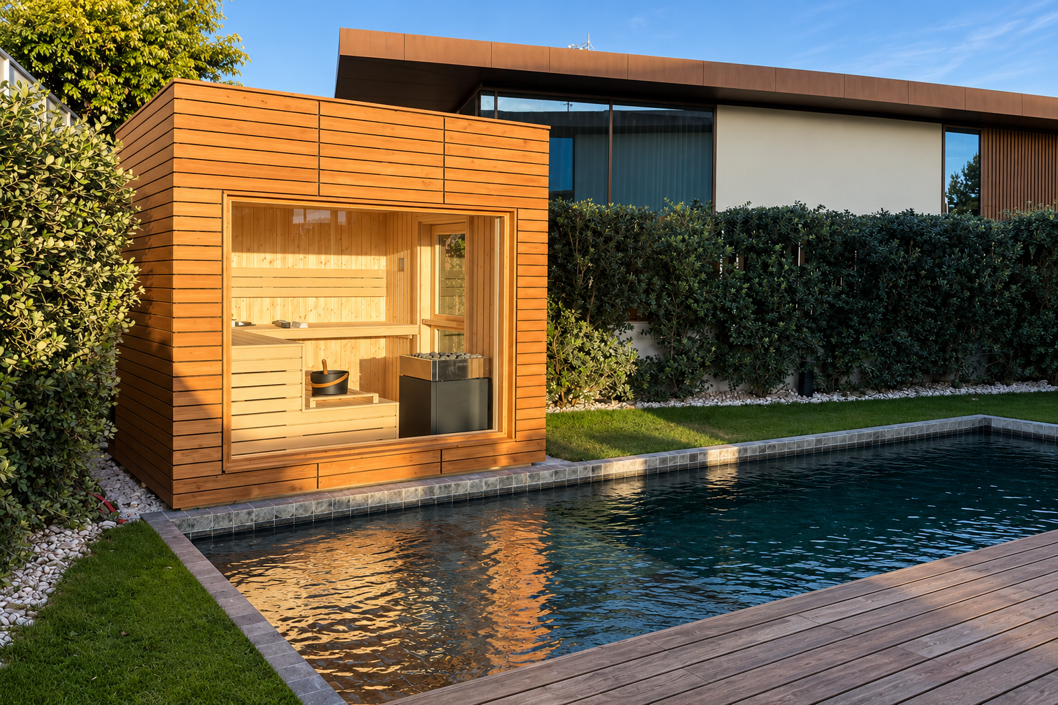 Sauna exterior Alpina View com fachada envidraçada